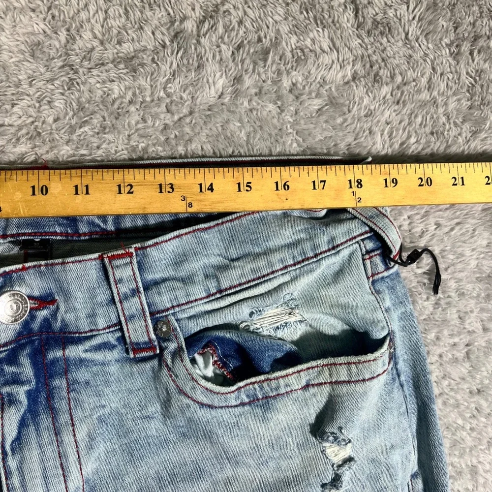 True Religion Ricky Relaxed Straight Distressed Jeans Mens 38 Red Stitch Light